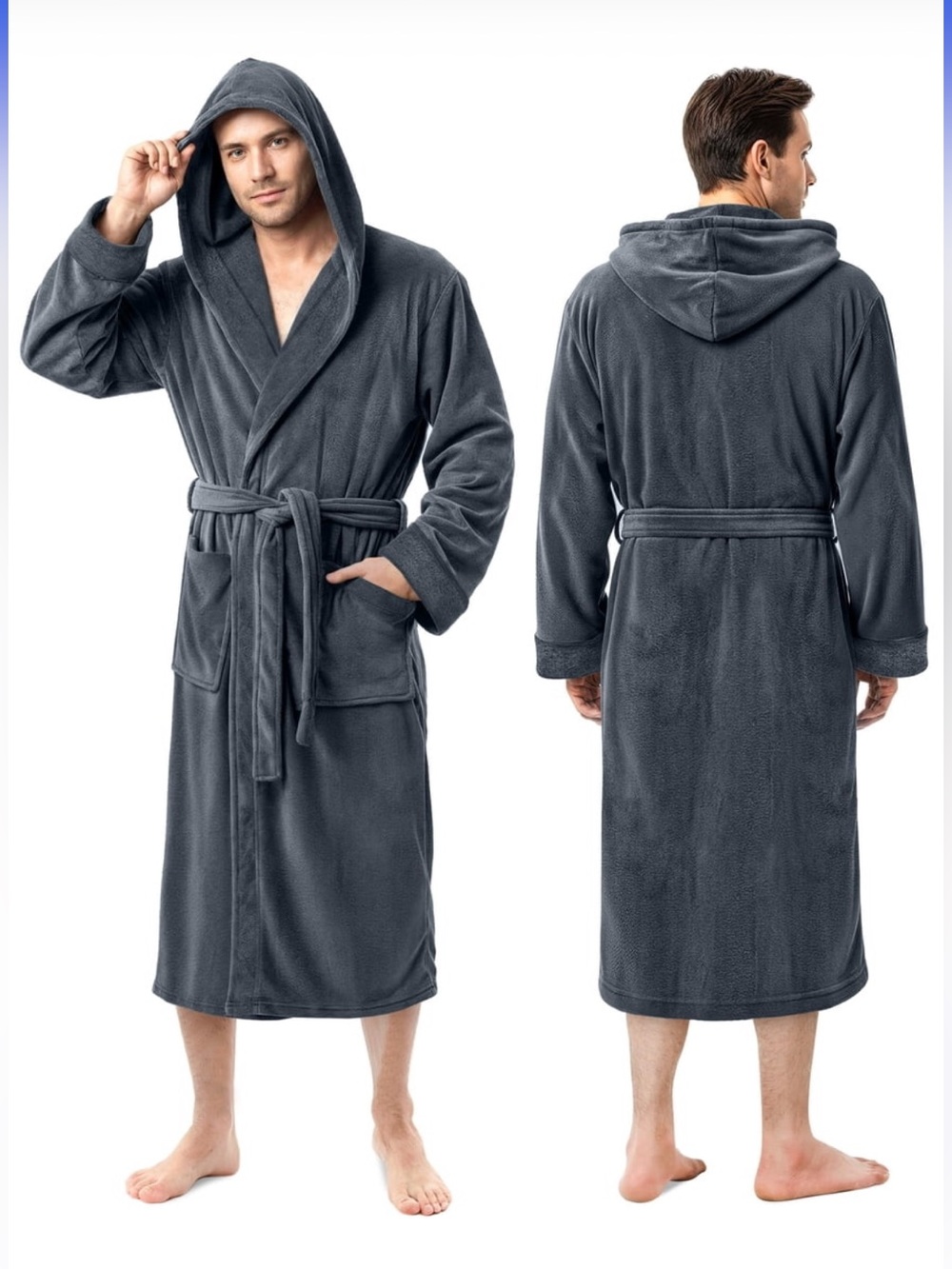 NY Threads Men’s L/XL Plush Fleece Hooded Bathrobe Charcoal Gray Belted Robe